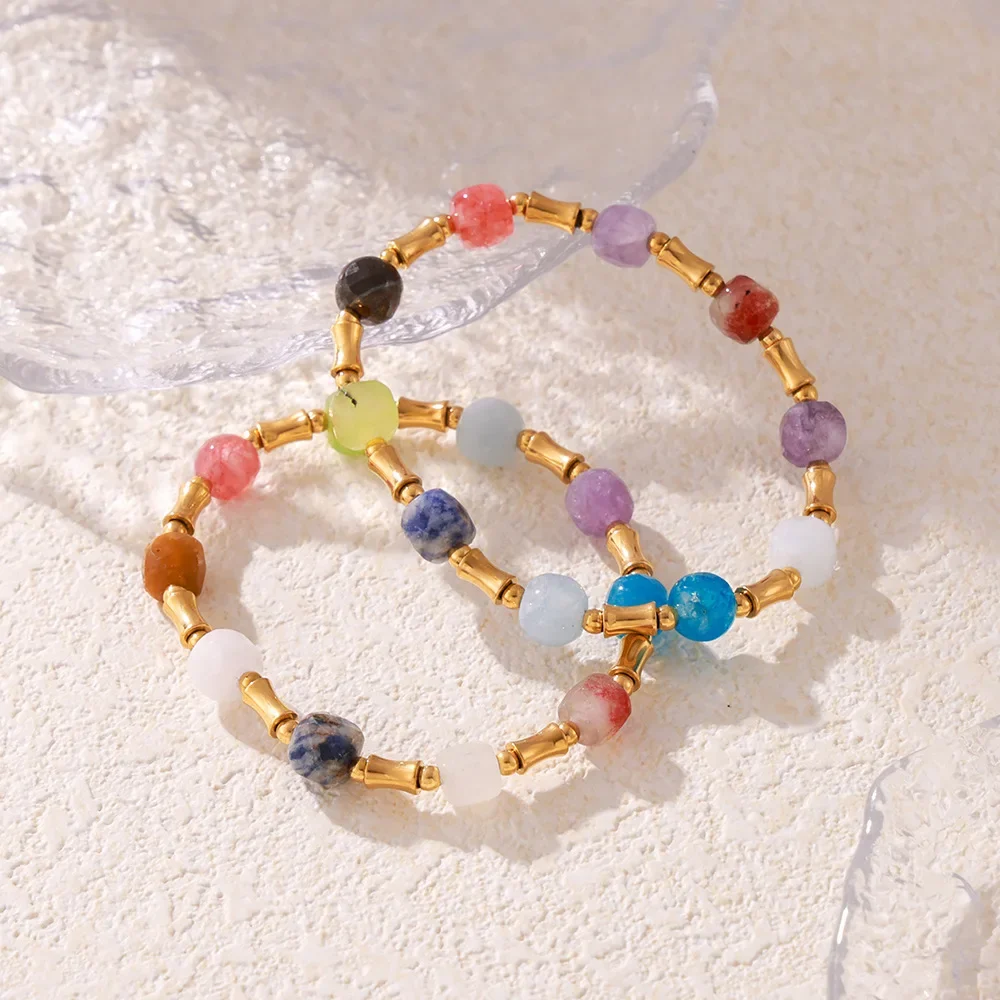 RHYSONG Bohemian Creative Colored Natural Stone Beads Bracelet Titanium Steel 18K Gold Plated Unique Design Jewelry For Women