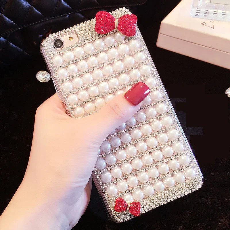 

Glitter Bling Pearl Rhinestone Bow Phone Case, Soft Diamond Back Cover, for iPhone16 15 11 12 13 14Pro MAX XR 7 8 Plus Fashion