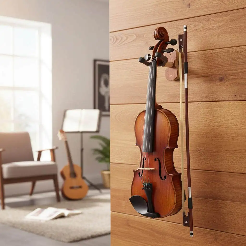 Soporte de Pared para Violín de Madera Maciza con Acolchado Protector para Exhibición Segura en el Hogar o Sala de Prácticas, Madera Natural Hermosa