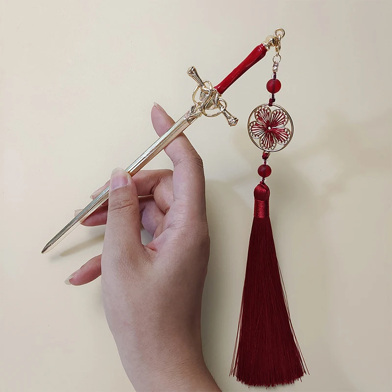 Punk Metal Sword Tassel Hairpin para mulheres, estilo chinês, penteado DIY da moda, ferramentas de design, acessórios