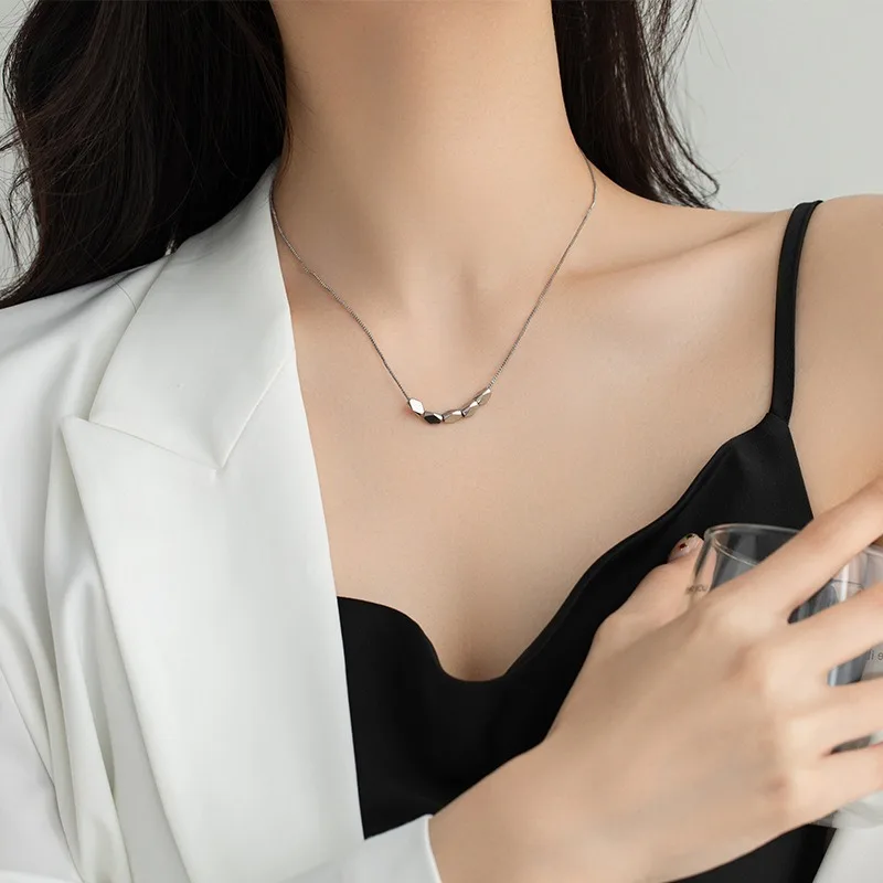 New Minimalist 925 Sterling Silver Irregular Polyhedral Beads Pendant Necklace for Women Collarbone Chain Jewelry Accessory Gift