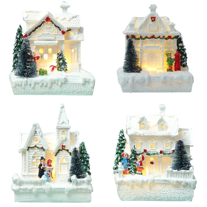 Christmas Snow House Figurine Warn Light Xmas Scene Village for Home Festival New Year Decor Kids Exquisite Gift Resin