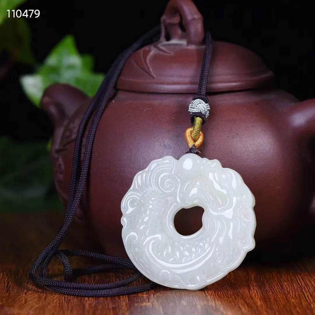 Natural 100%real white hetian jade carve dragon arowana Bless peace pendant jewellery Handle piece for men woman gifts good luck