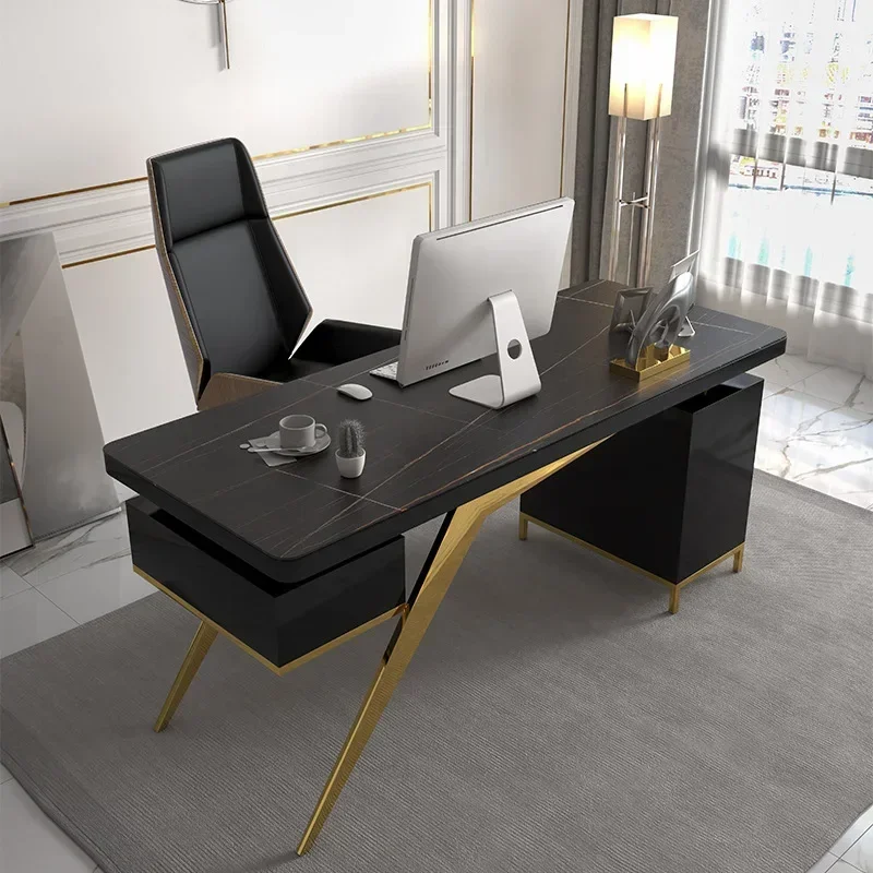 

Modern Design Luxury Gold Stainless Steel Computer Table Working Desk With Sintered Stone For Home Office Furniture Set