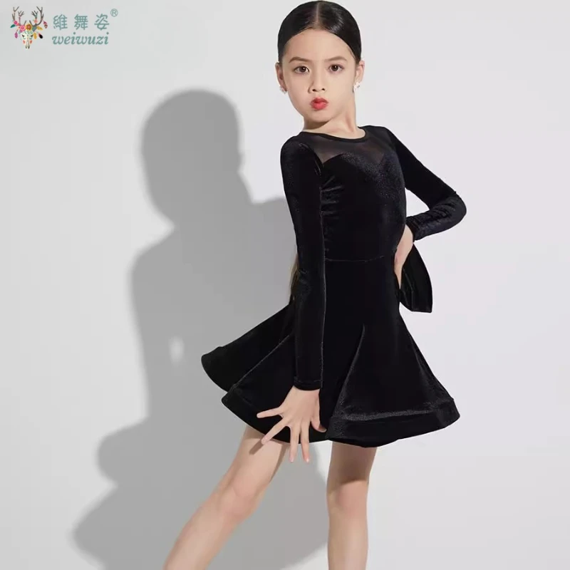 فستان ممارسة الرقص اللاتيني للفتيات بأكمام طويلة، تنورة كبيرة متأرجحة للأطفال، زي أداء المنافسة، تنورة رقص رومبا تانجو