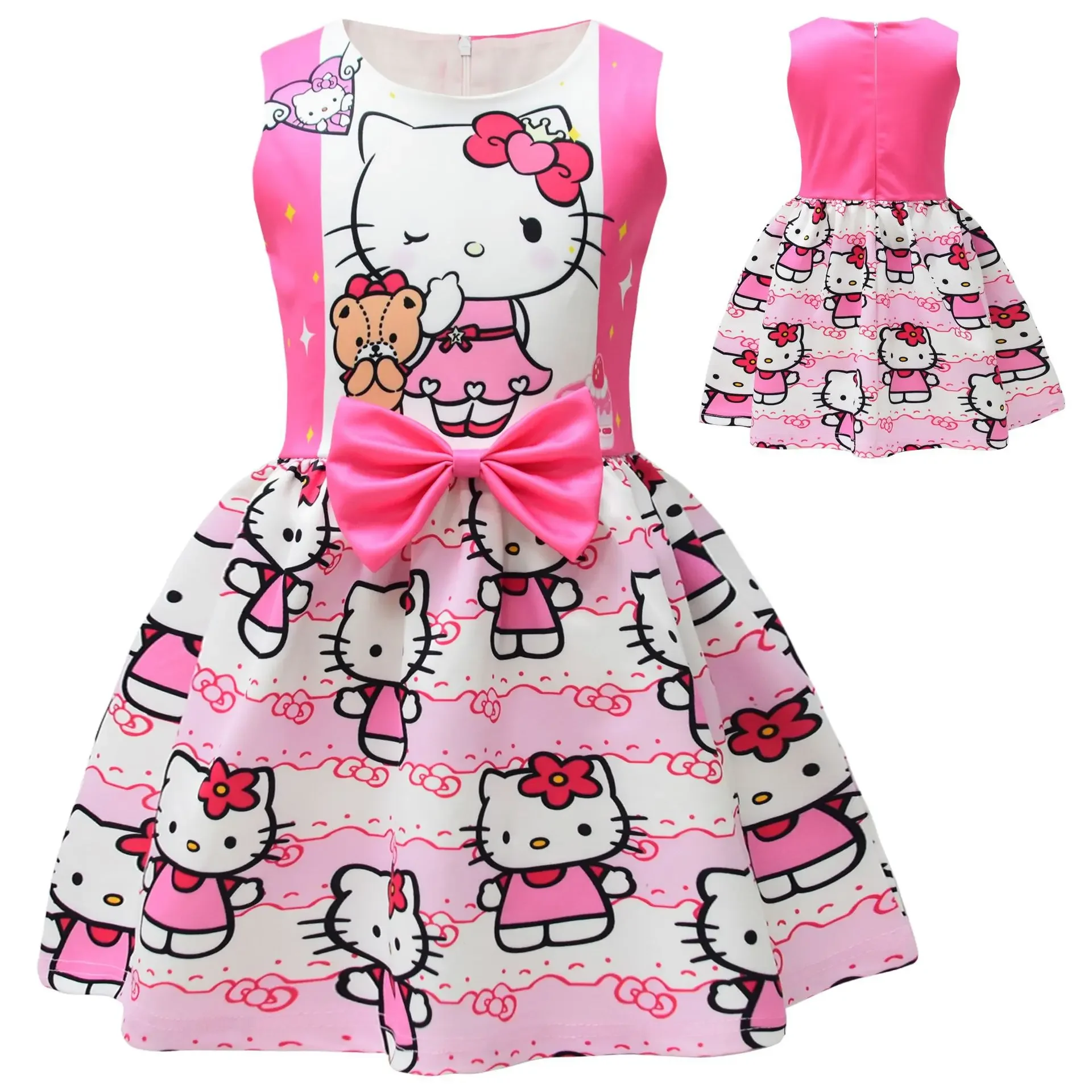 Vestido plisado de manga corta con estampado de dibujos animados de Hello Kitty para niñas, disfraz de princesa para fiesta de cumpleaños, vestido de graduación para niños