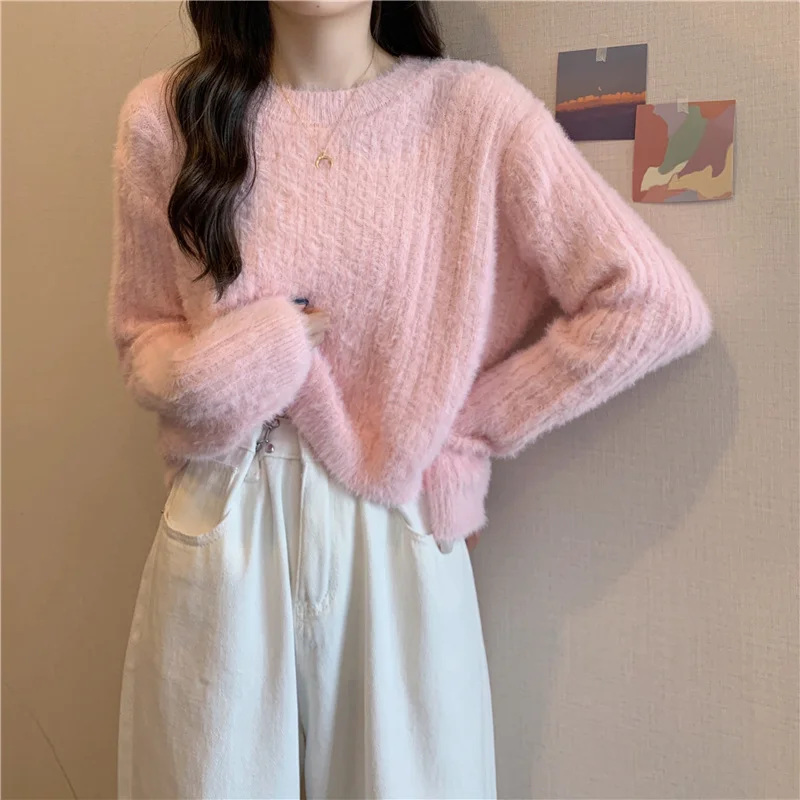 

Fuzzy Knit Top Women Pullover Long Sleeve Plain Crop Sweate Pink Fluffy Jumper for Women Teen-girl Fall Winter Y2K Outfit