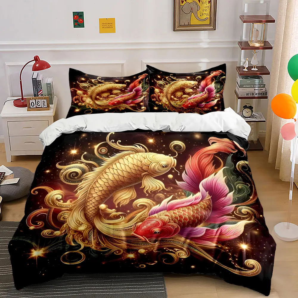 Ornate goldfish intertwined with dreamy starlight Printed Duvet Cover Set1 Duvet Cover+2 PillowcaseMulti Size Bedroom Bedding
