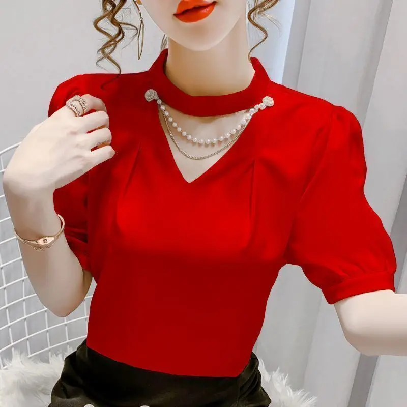 Fashion Spliced Beading Hollow Out Puff Sleeve T-Shirt Women\'s Clothing 2023 Summer New Oversized Casual Tops Sweet Tee Shirt