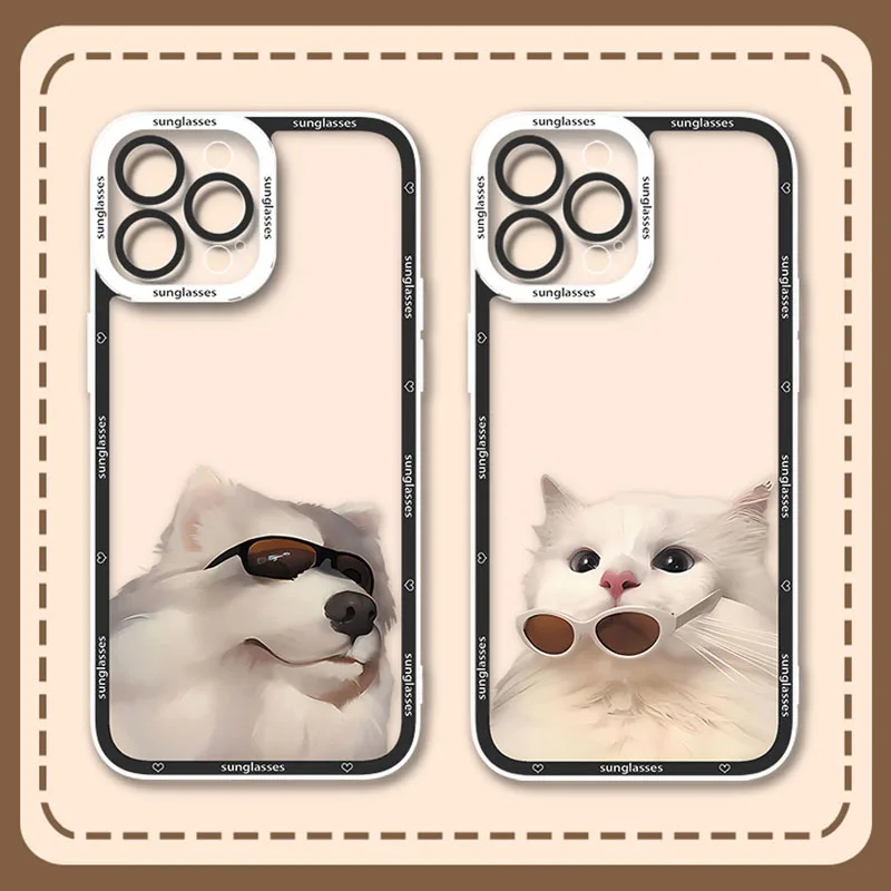 Cool Sunglasses Cat Dog Case For Samsung Galaxy S23 S22 Ultra S21 S20 FE S10 Plus Note 20 10 9 A14 A24 A34 A54 Clear Soft Cover