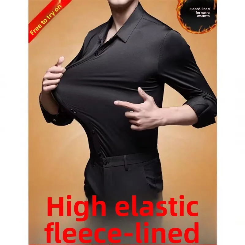 

Thiened Fce Long Sve irt Men's Winter Busin irt Pure Color Elastic Warm Outerwear No Ironing Stand Fit