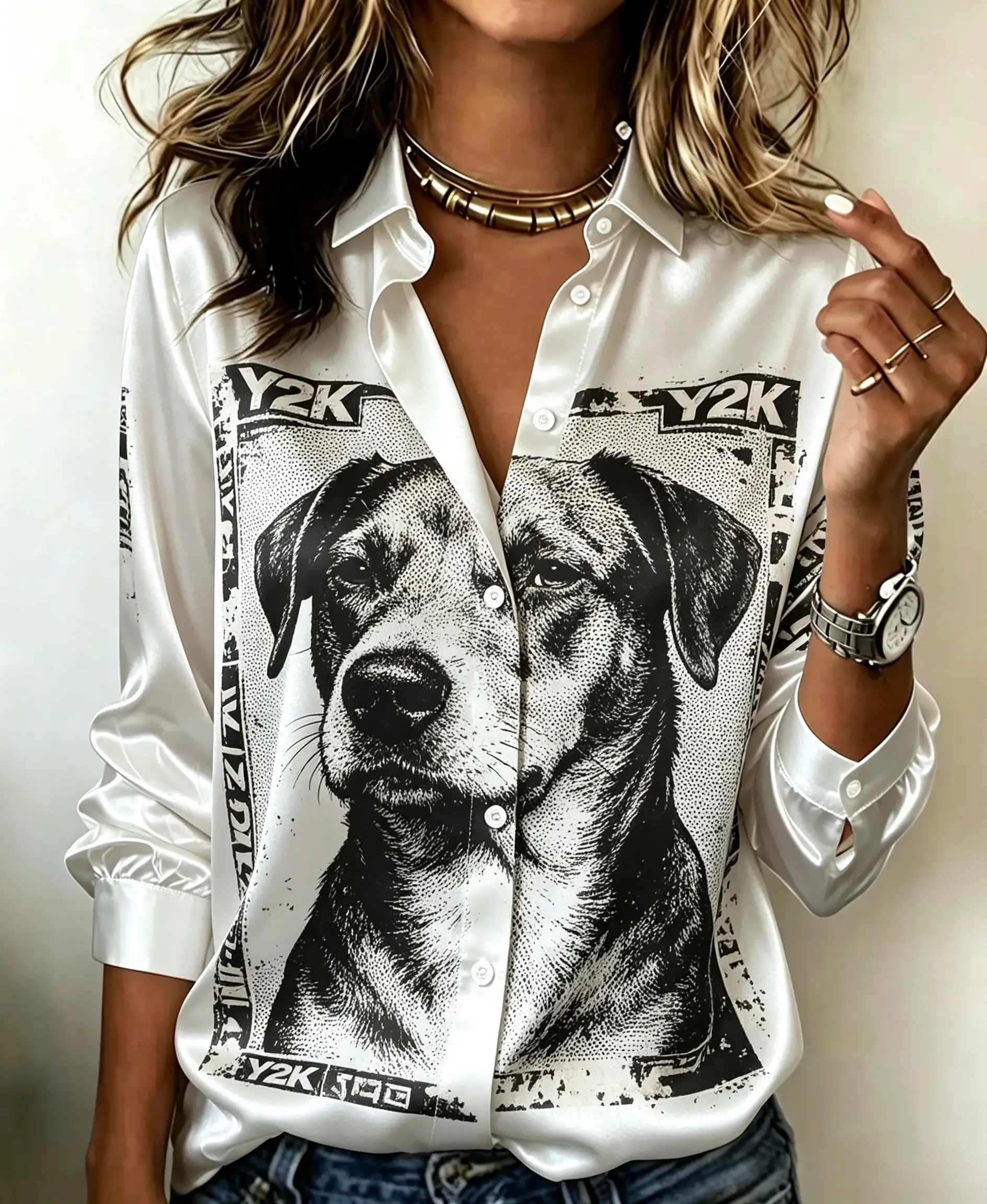 Women Retro Animal Graphic Print Button Down Shirt Turn‑down Collar Long Sleeve Blouse Street Office Casual Daily Outfit Top