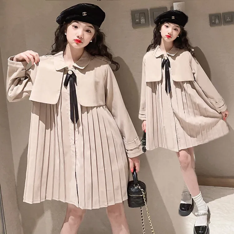 Girl Dress 2024 New Spring Autumn Korean Fashion Style Mid Length Trench Coat Baby Girl Solid British Style Long Sleeved Dress