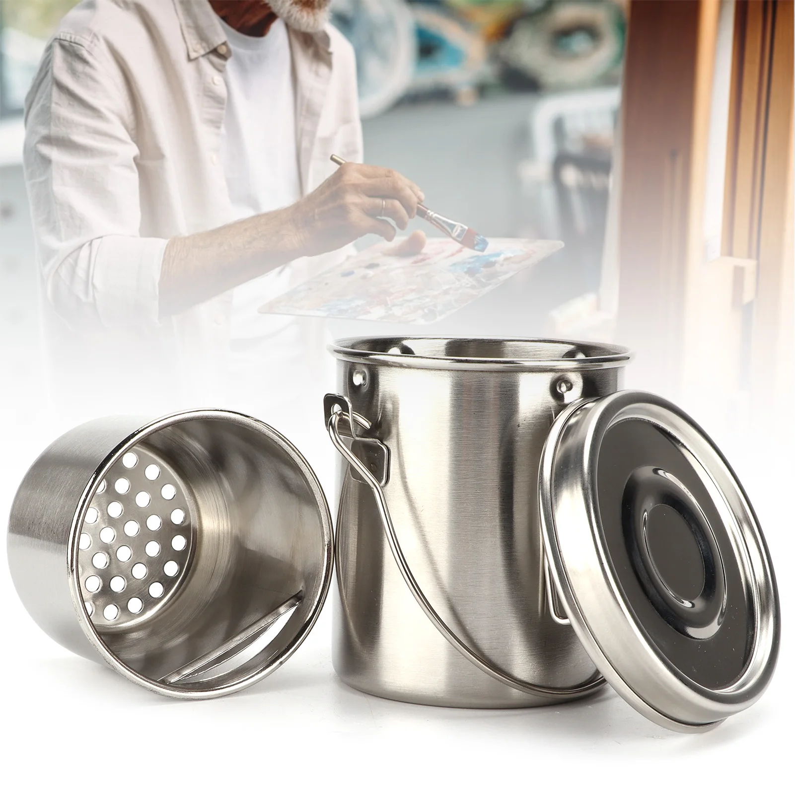 

Ведро для мытья кистей из нержавеющей стали, легко переносимое, с фильтром, для студентов-художников и художников.