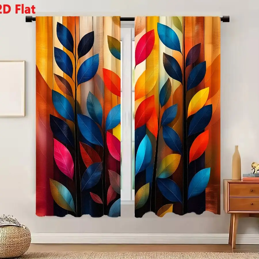 2Pcs Curtains 2D Flat Abstract Digital Art With Stylized Plant Forms And Vibrant Blue Orange Background Window Drapes for Bedroo