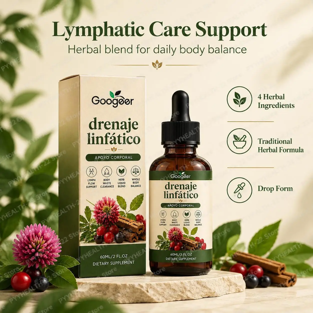 Lymphatic Care Liquid Drops, 4-in-1 Herbal Blend with Cleavers & Red Clover, Supports Lymph Flow & Healthy Body Balance, 60ML