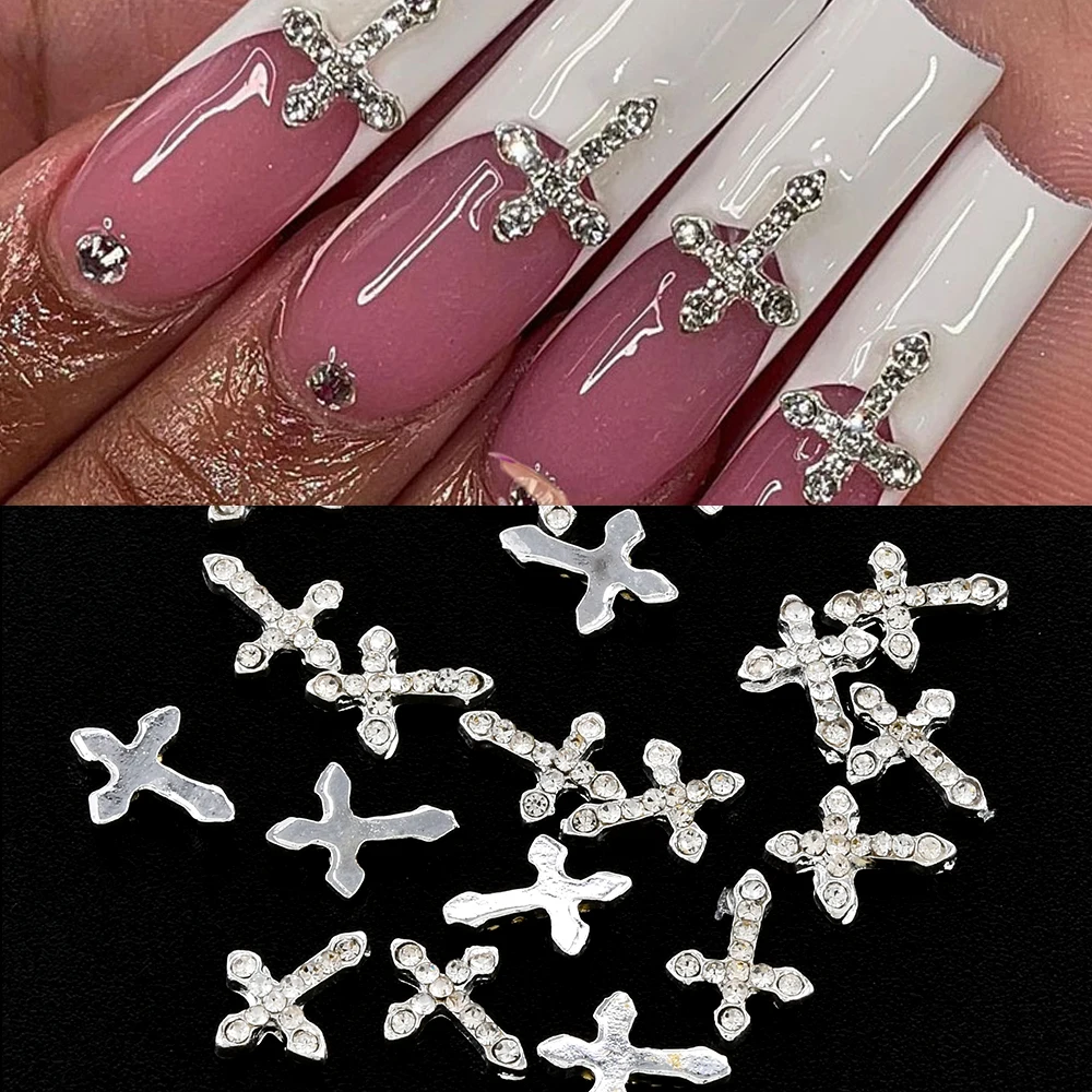10 Stück Halloween 3D Metalllegierung Silber Kreuz Nagel Charms Glitzer Diamant Kreuz Nail Art Silber Klassisches Kreuz Maniküre Zubehör