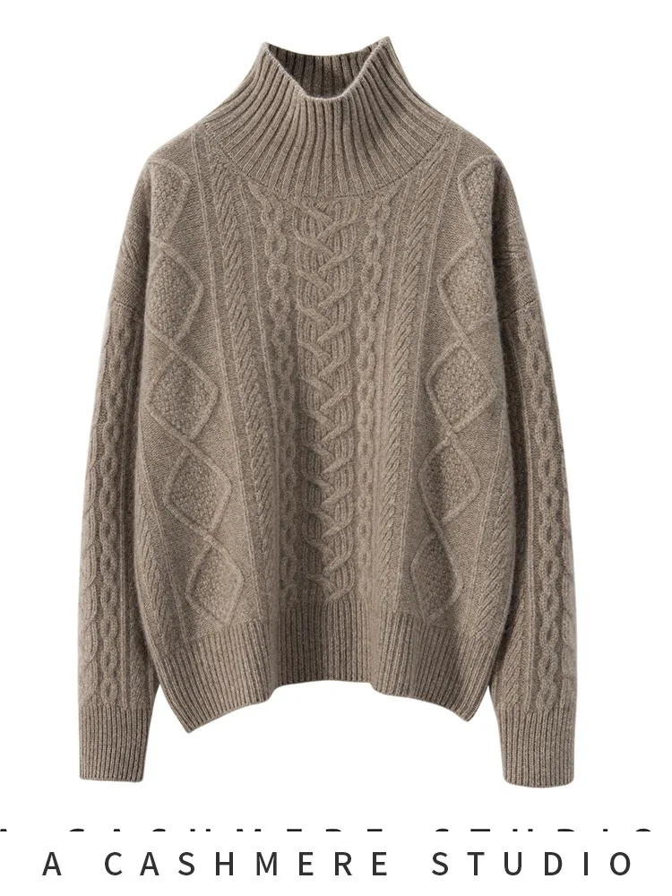 Women's 100% cashmere pullover casual solid sweater turtleneck oversize Blouse thick warm Jumper fashion big twist loose Tops