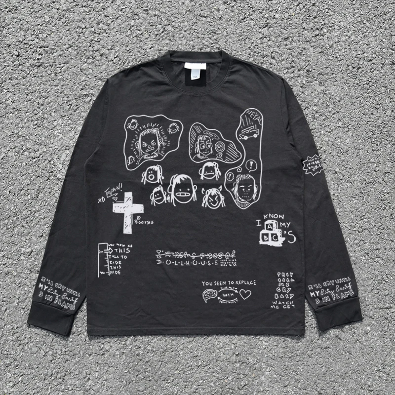 Heavily Worn Long Sleeve T-Shirt Couple Style Base Layer Underwear Subculture Graffiti Cartoon Print Casual Autumn 2025