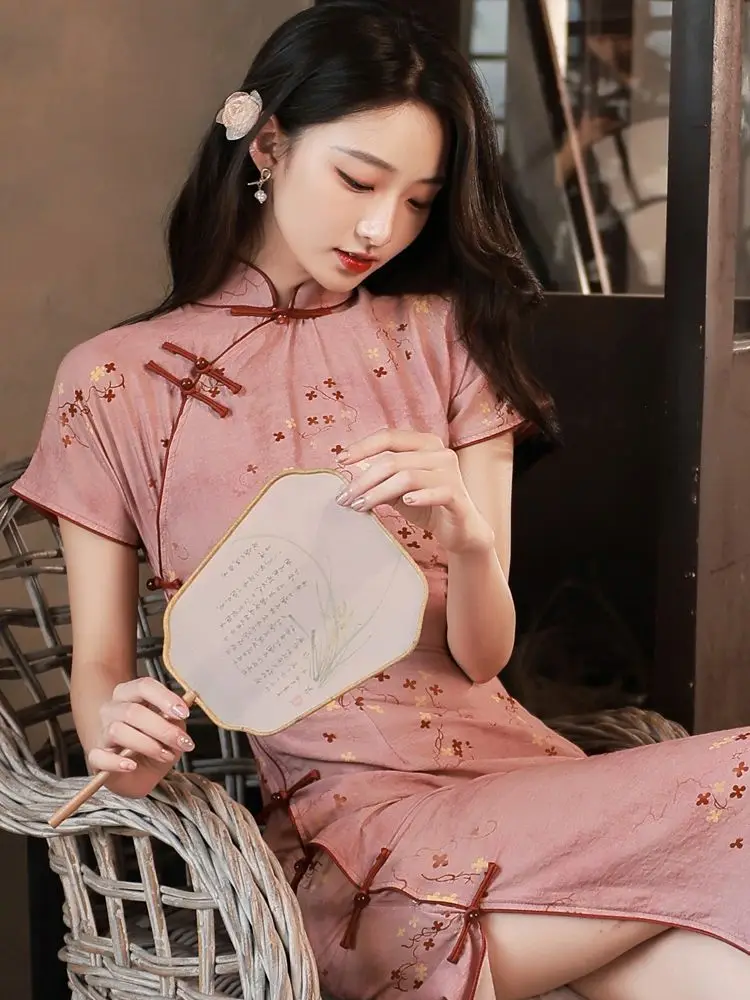 

Spring Summer Female Long Qipao Elegant Retro Floral Print Cheongsam Classic Mandarin Collar Chinese Dress Sexy Vestidos