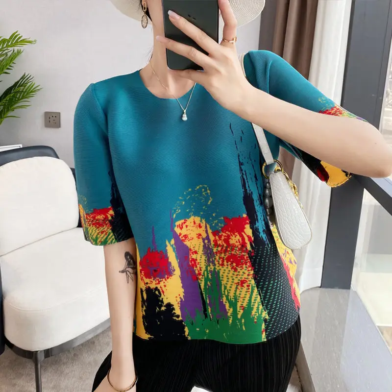 New Top Women Women's t-shirt T-shirt Miyake Pleated T-shirt Women's new Summer Plus-size Printing High-grade Loose Short Top