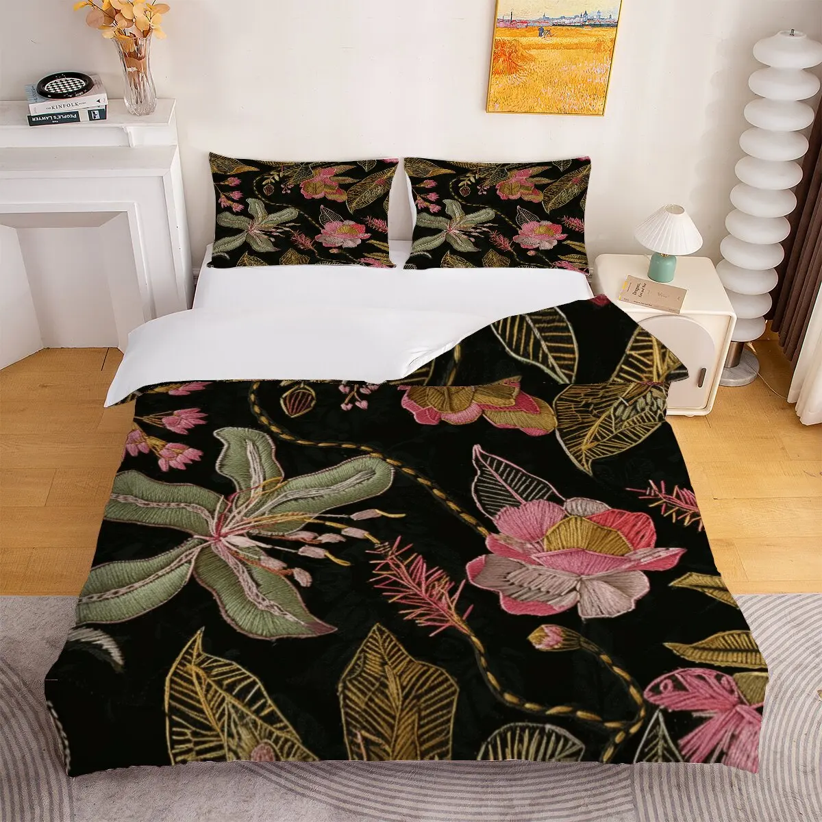 Pink lotus  Duvet size  Green lotus leaf  Printed duvet cover 3-piece set with 2 pillowcases