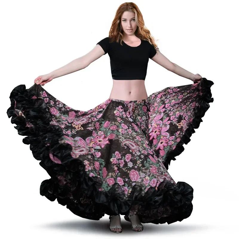 Saia espanhola para dança do ventre Saias Flamenco Chiffon 720 °   Grande saia cigana para dança do ventre, traje cigano tribal, saia de 25 jardas