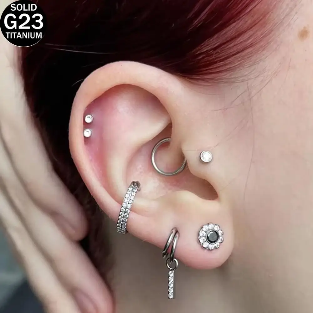 G23 Titanium Ear Cartilage Earring Earlobe Piercing Two Rows CZ Zircon Paved Nose Rings Hoops Nipple Lip Clicke Ring Jewellery