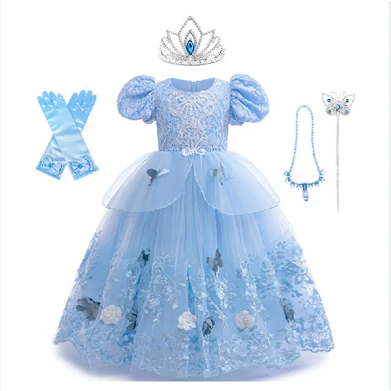 Disfraz de primavera para niña, vestido de princesa con bordado de flores azules de Cenicienta, vestido de baile con corona, disfraz clásico para fiesta de cumpleaños