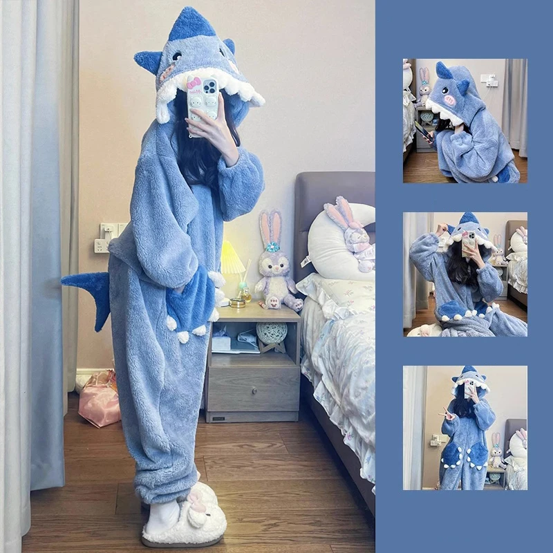 Cartoon Cute Shark Women\'s Pajamas Flannel Hooded Sleepwear Pijama jumpsuit Female Set Cute Pyjamas Christmas Party Loungewear