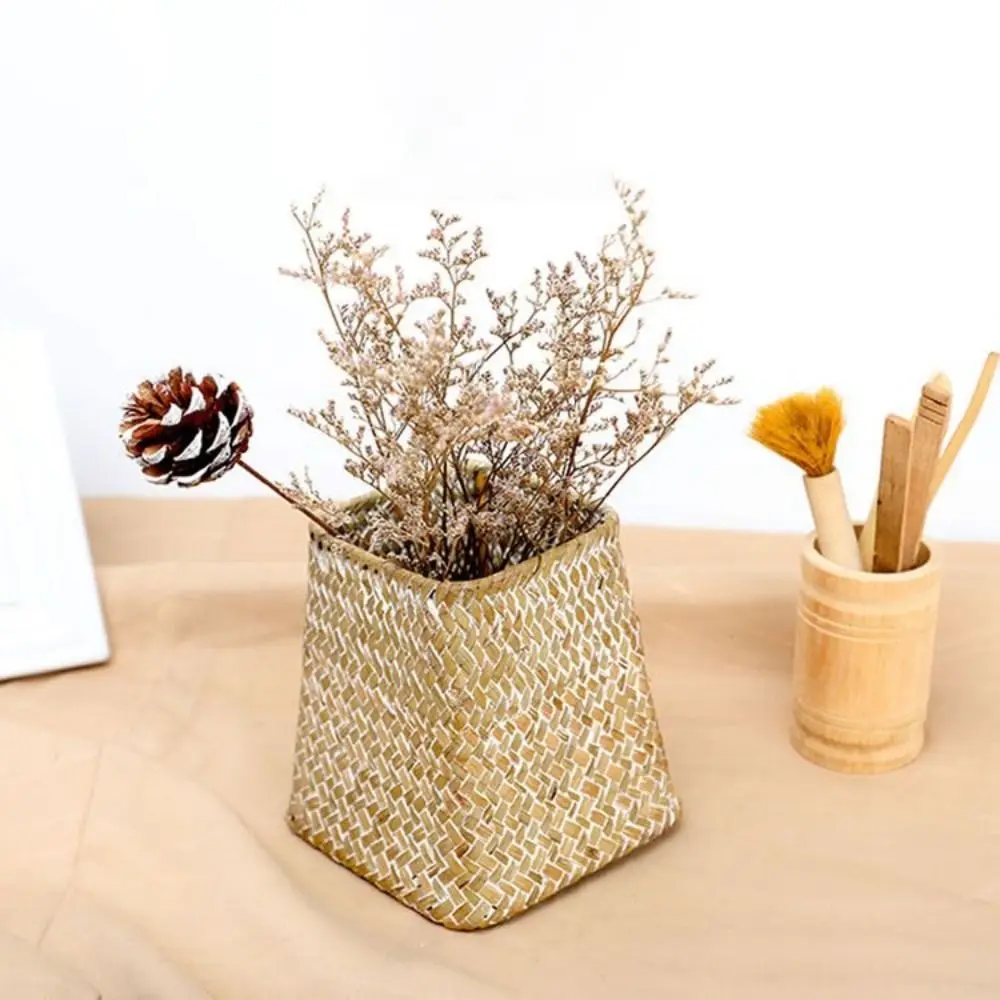 Rustic Handmade Natural Straw Flower Basket Decorative Flower Art Weaving Storage Basket Useful Woven Flower Basket Home Decor