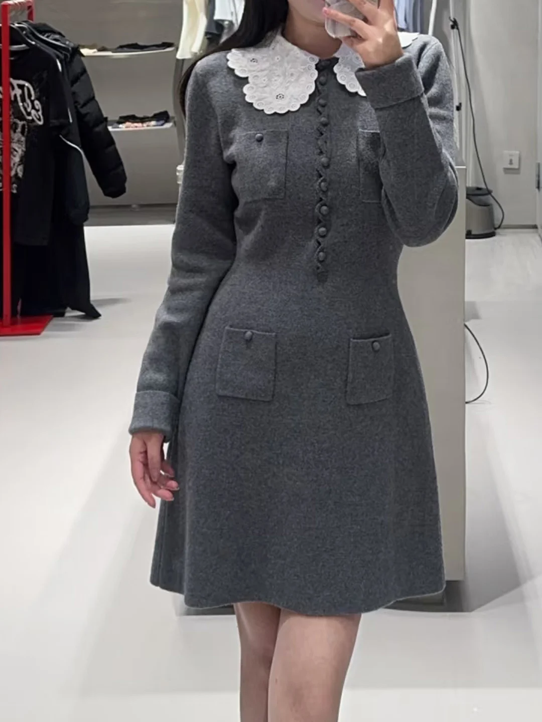 

Knitted Dr with Detachable Doll Collar for Women Slimming ey ort Skirt High Waist A-Line Silhouette Long Sve