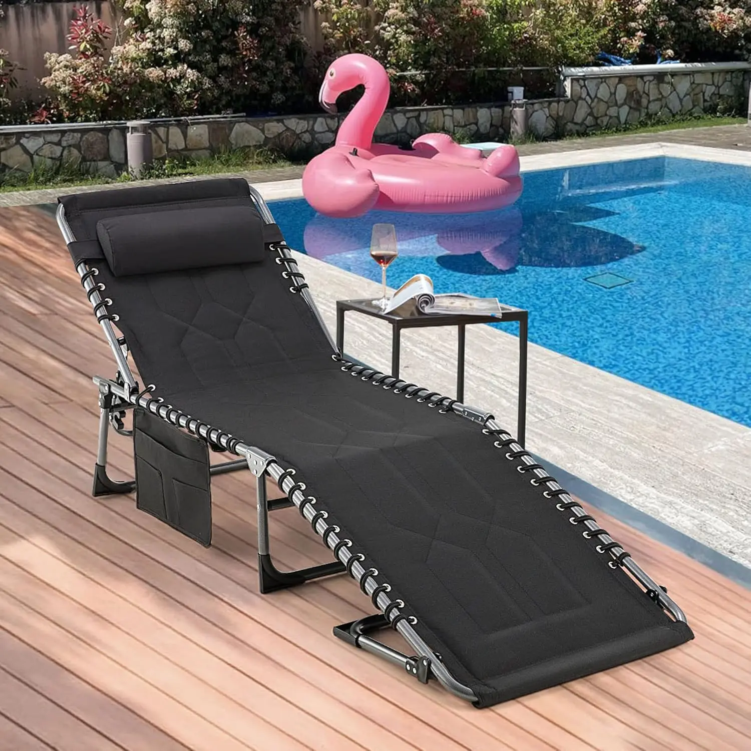 Homrest Folding Chaise Lounge Chair For Outdoor, Portable Patio Lounge Chair With Detachable Pocket And Pillow, Folding Tanning