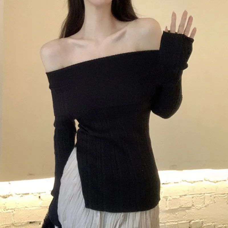 Women\'s Knitted Off Shoulder Sweater Solid Color Split Slim Casual Long Sleeved Tops for Office Lady Streetwear