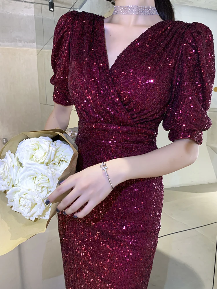 Small Evening Dress for Women 2023 New Banquet Style Celebrity Sexy Short Wine Red Sequin Host