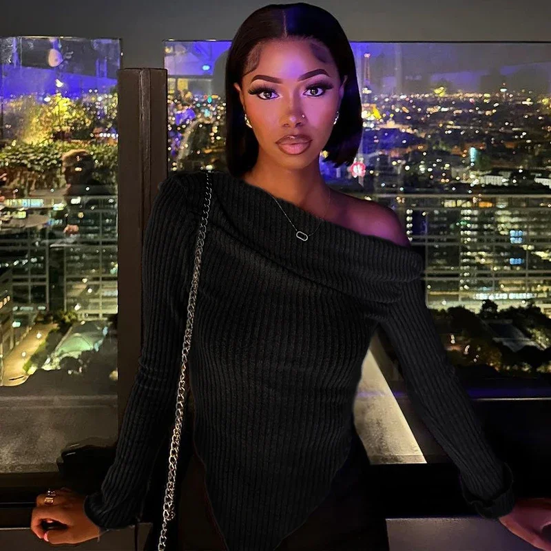 Camisetas asimétricas sexis para mujer, camiseta lisa nueva ropa de calle de otoño, Top corto de manga larga, camisetas ceñidas informales a la moda para mujer