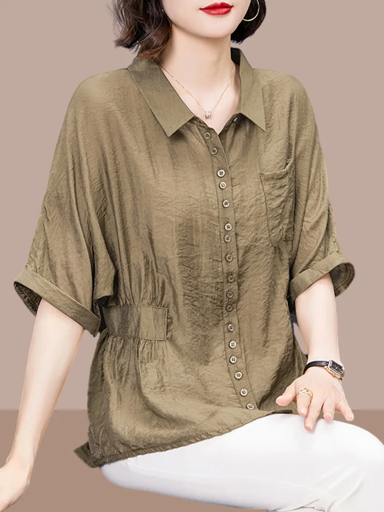

Chic Short Sleeve Women's Shirt 2026 Summer New Style Large Size Mom Fashionable Korean Style Pure Color Commute Style Blouse