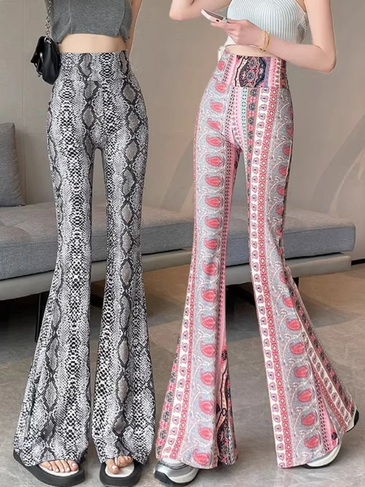 

2024 European style High Waisted Printed Micro Flared Pants Women Summer Korean Python Pattern Thin Elastic Slim Trouser Popular