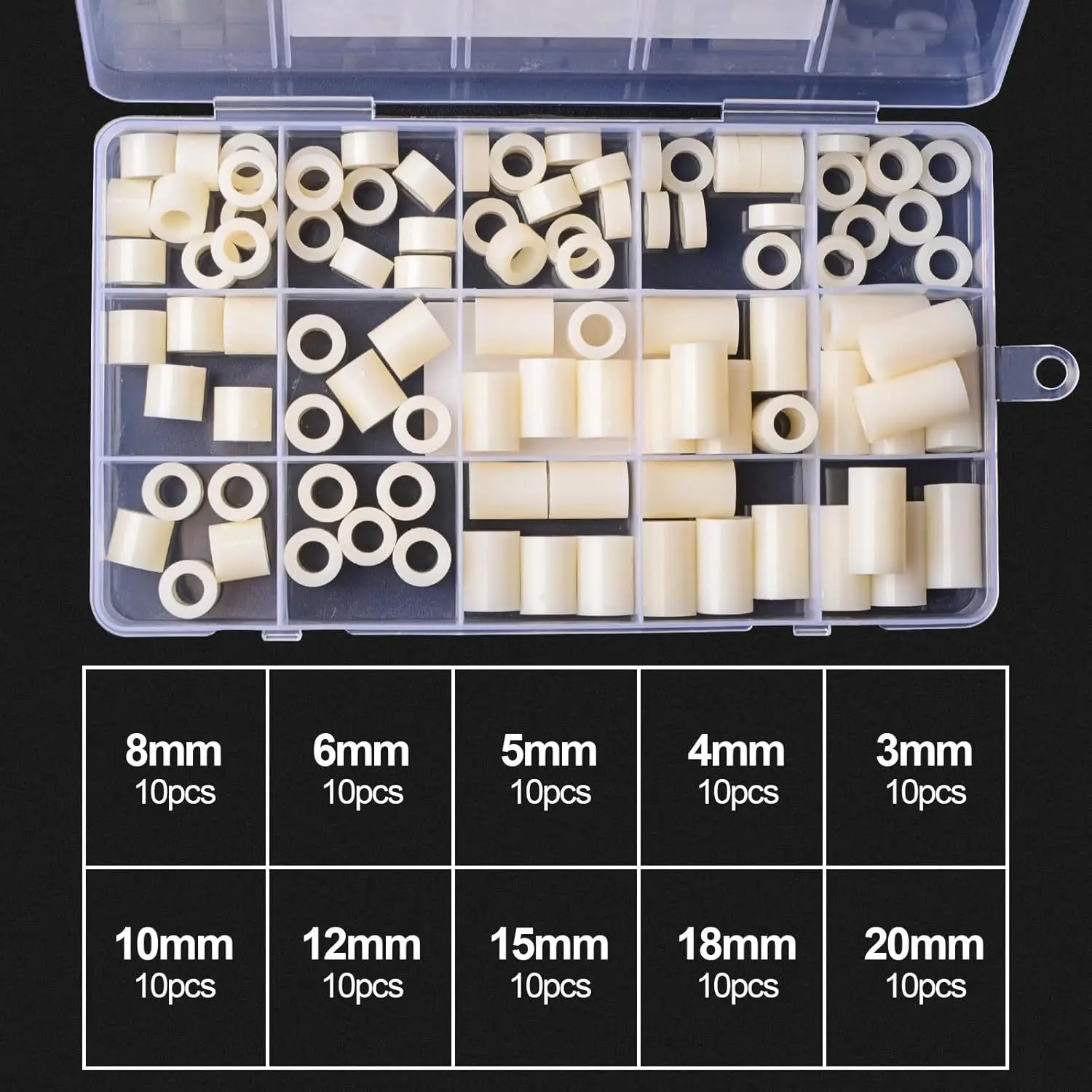100PCS White ABS Round Washer Spacer Standoff M6 Sizes 3-20mm Assortment Kit
