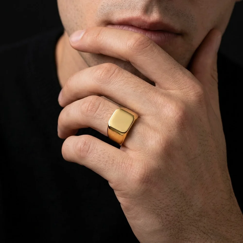 Gold Tone Square Plain Stainless Steel Ring Geometric Minimalist Finger Ring For Men Women Daily Party Jewelry Gift Wholesale