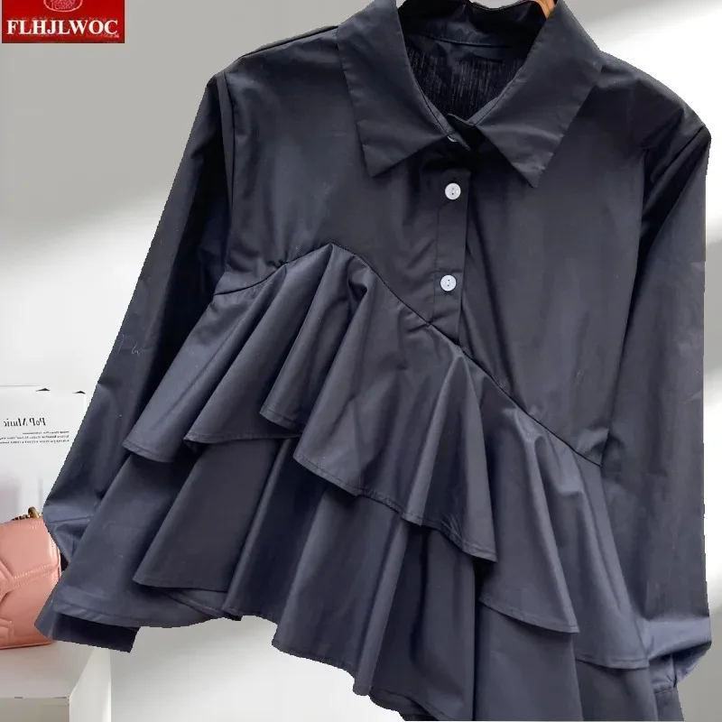 French Design Ruffles Tops Blouses New 2026 Spring Summer Cute Girls European Style Long Sleeve Irregular Solid White Shirts view 6