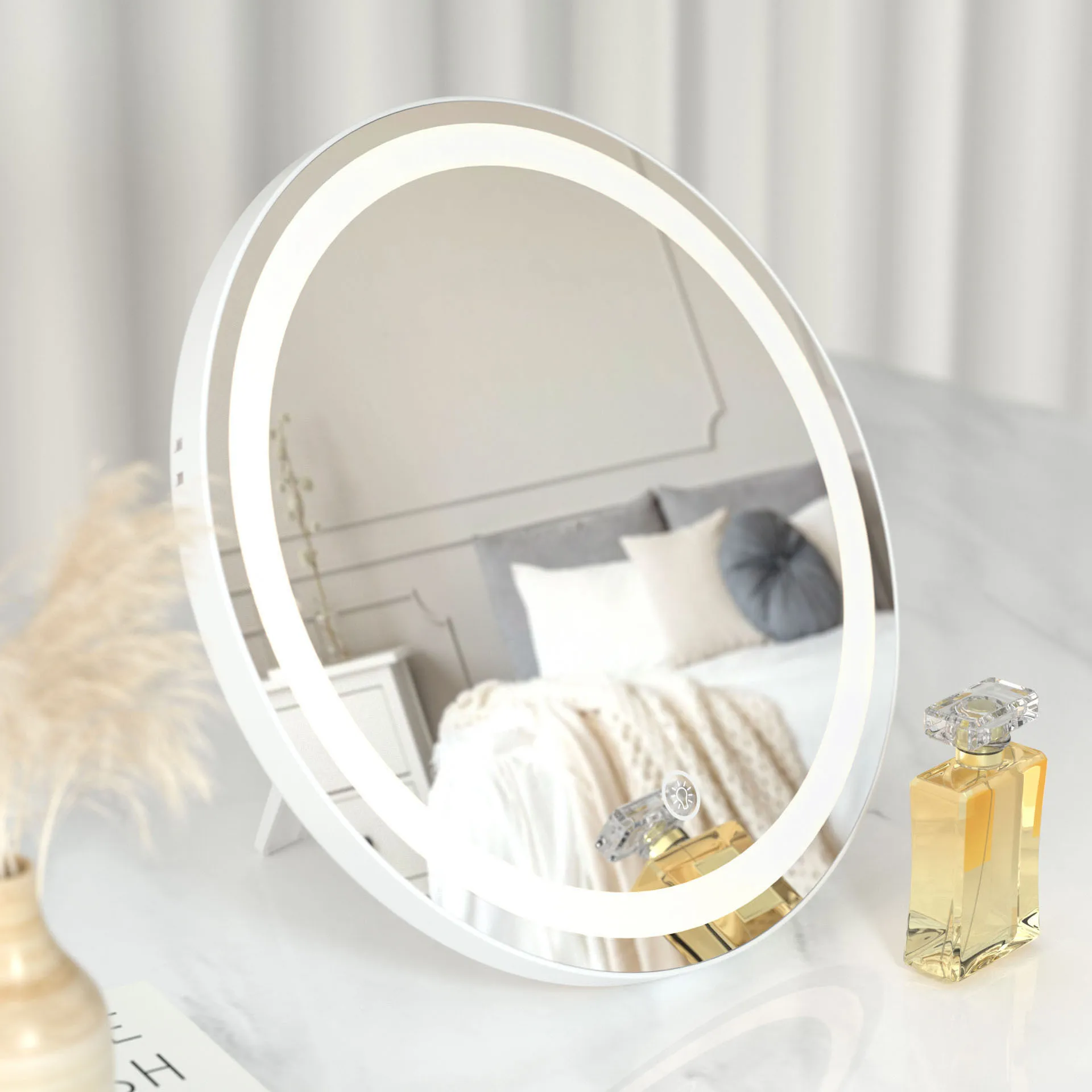 Supply round desktop makeup mirror with light diameter 30cm can be hung on the wall one key three-tone light led mirror