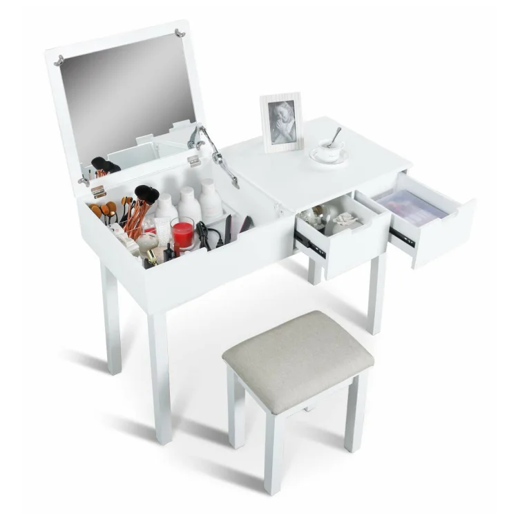 

For Vanity Table Set with Square Mirror 2 Large Sliding Drawers Makeup Dressing/Vanities Desk with Cushioned Stool