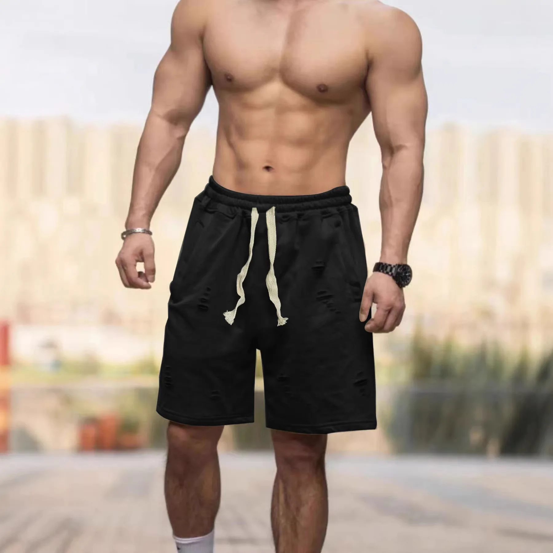 

Новые мужские повседневные однотонные вязаные рваные шорты свободного кроя, дышащие, тонкие, быстросохнущие, спортивные, длиной до колена, для летнего отдыха