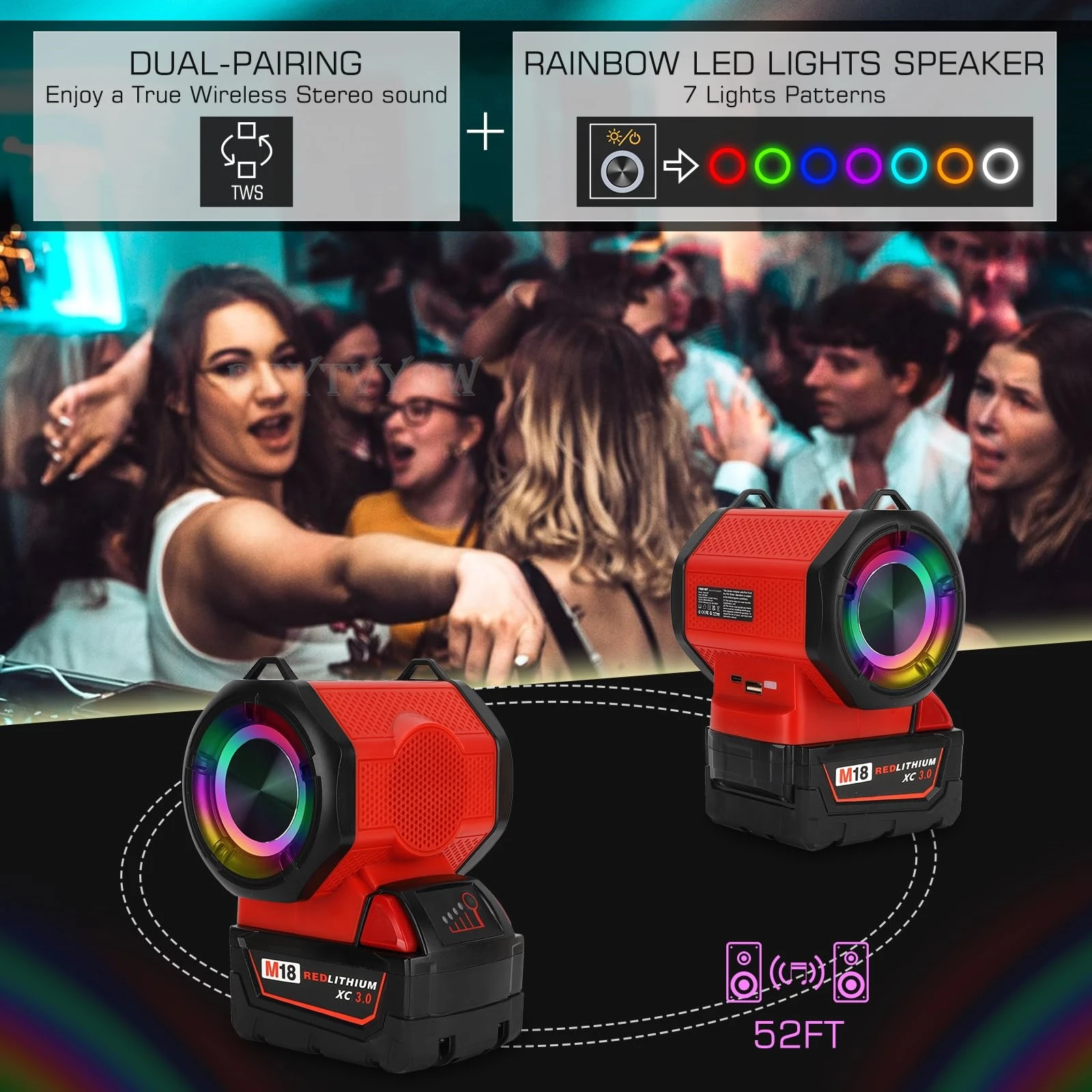 

Динамик Bluetooth совместимый с батареей Milwaukee M18 18V с USB-портом Type-C усилителем громкоговорителя игроков портативным внутренним мини-динамиком для Jobsites Camping Party