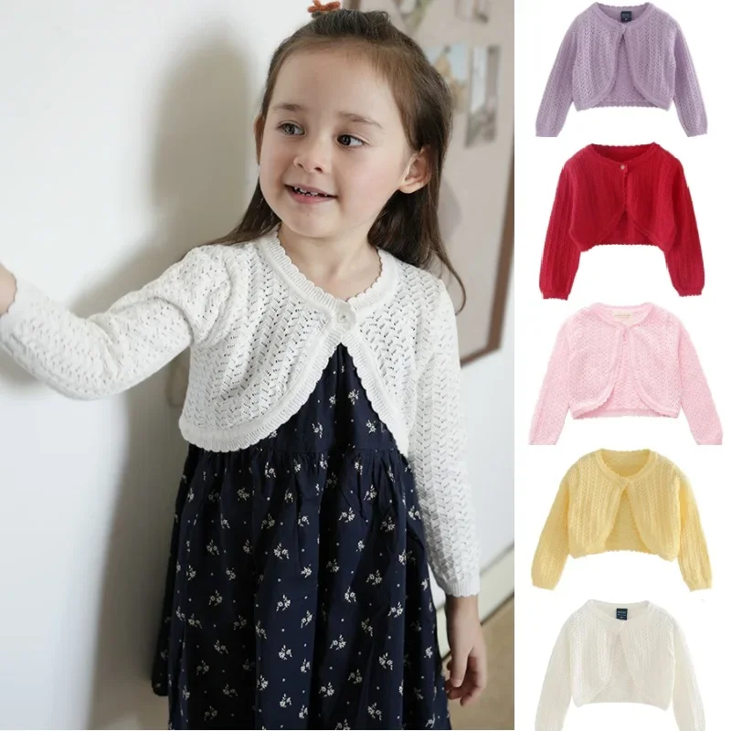 

Girls Knitted Cardigan 2025 Spring And Summer New Pink Hollowed Out Sunscreen Knitted Jacket Cotton Baby Air Conditioning Shirt