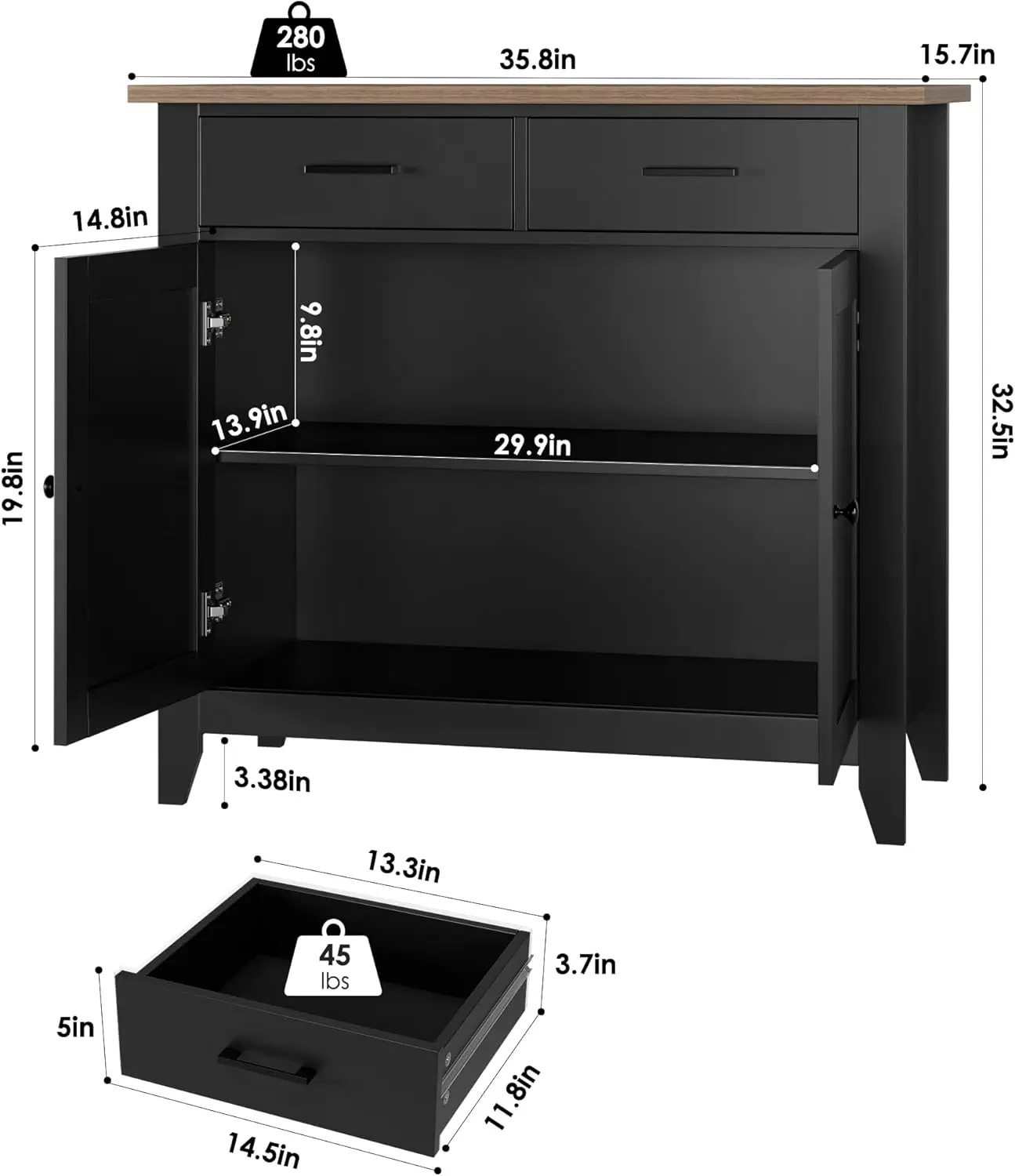 خزانة بوفيه حديثة للمزرعة مع درجين وبابين، تخزين المطبخ باللون الأسود/البني الريفي لغرفة المعيشة وغرفة الطعام والحمام