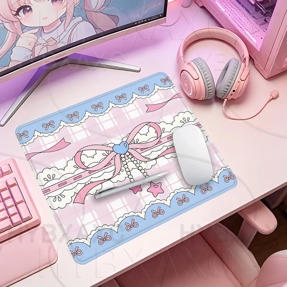 Pink Girly Bow Mouse Pad Multiple sizes Large Square Computer Office Game Table Mats XS Pastel Colors Rubber Anti-slip Mousepad