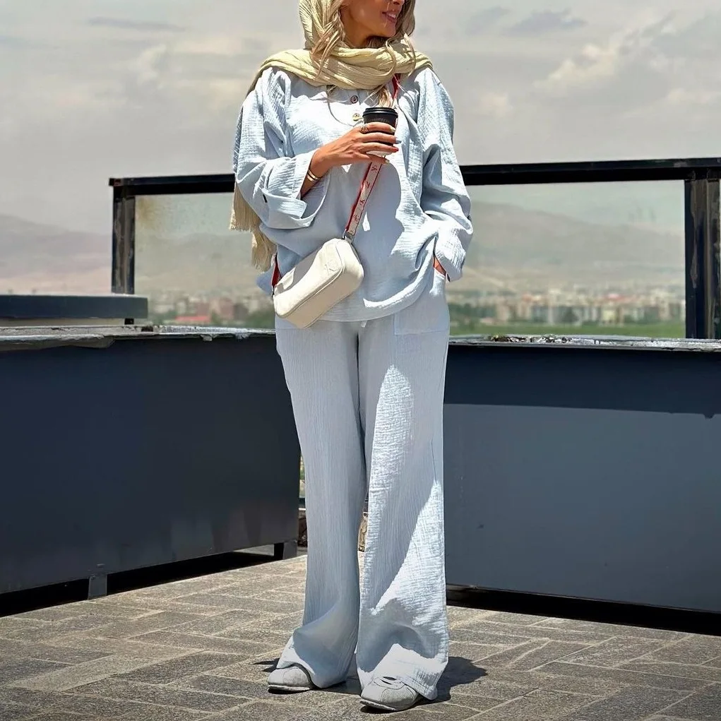 

Женский Брючный комплект с широкими штанинами, однотонный Свободный пуловер с длинными рукавами и карманами, на пуговицах
