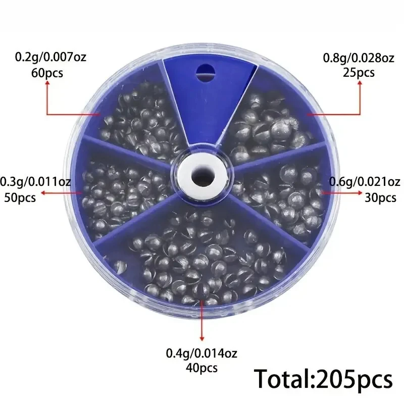 205pcs Premium Lead Fishing Sinkers With Convenient Storage Box - 5 Round Sizes for Accurate Casting and Deep Water Fishing